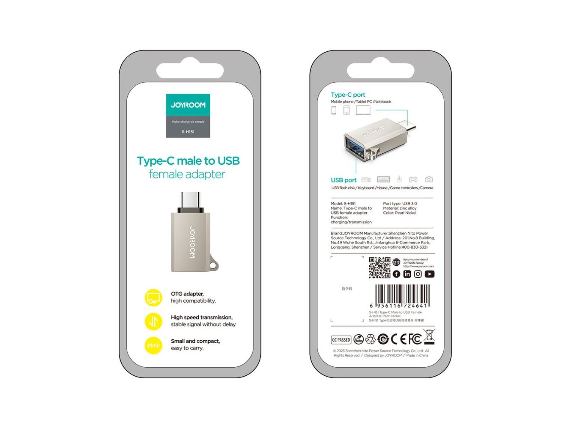 Adaptador Joyroom S-H151 USB-C (macho) / USB-A (hembra) con ojal para cordón - Plateado