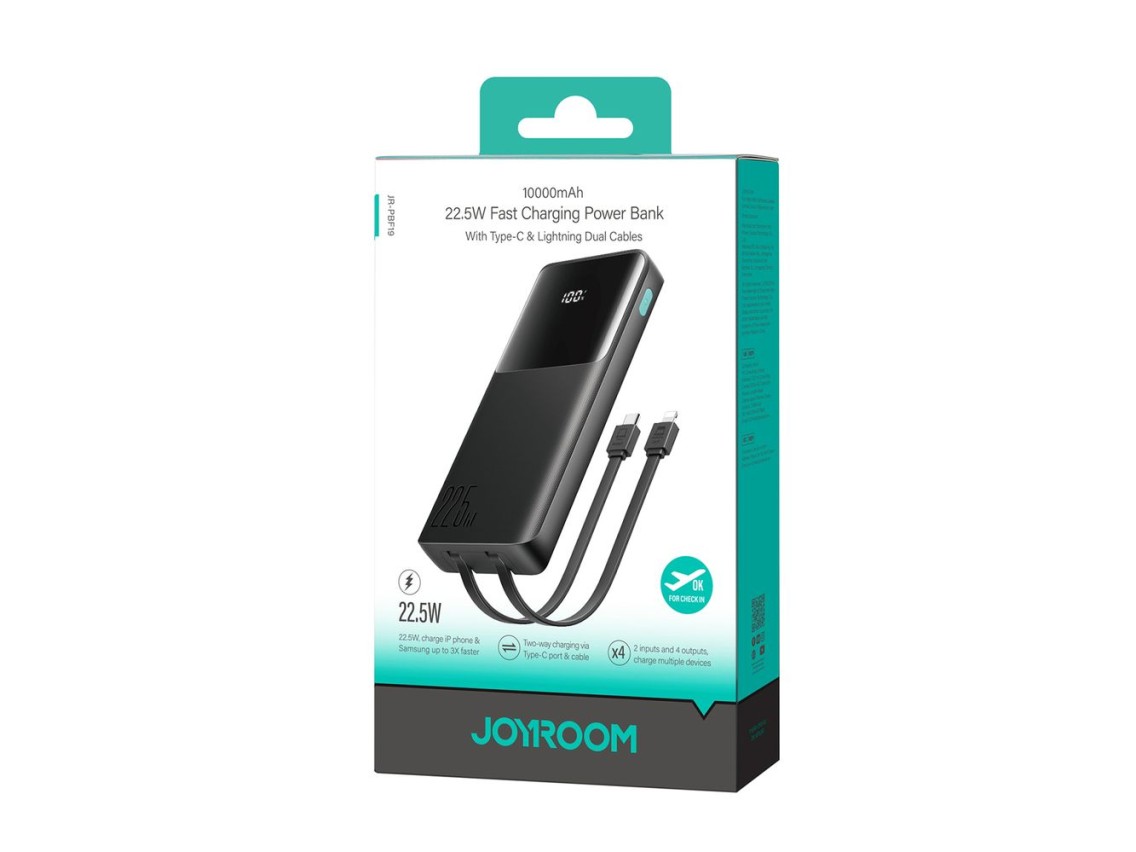 Joyroom JR-PBF19 Powerbank de 22,5 W e 10000 mAh com dois cabos integrados - Preto