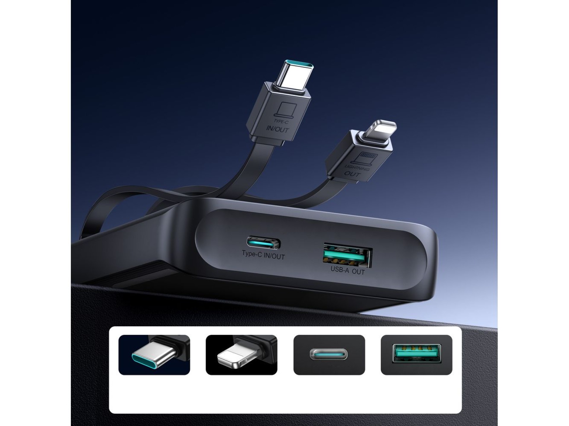 Joyroom JR-PBF19 Powerbank de 22,5 W e 10000 mAh com dois cabos integrados - Preto