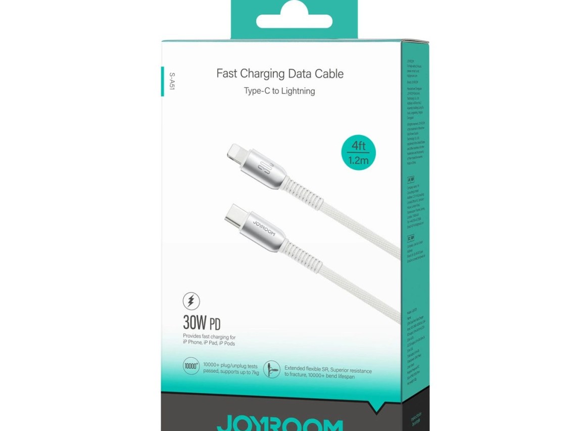 Cabo USB-C para Lightning Joyroom S-A51 Cutting-Edge Series de 30 W, 1,2 m - cinza claro