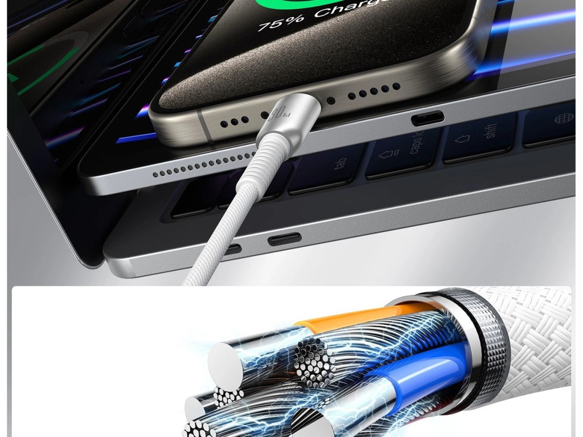 Cabo USB-C para Lightning Joyroom S-A51 Cutting-Edge Series de 30 W, 1,2 m - cinza claro
