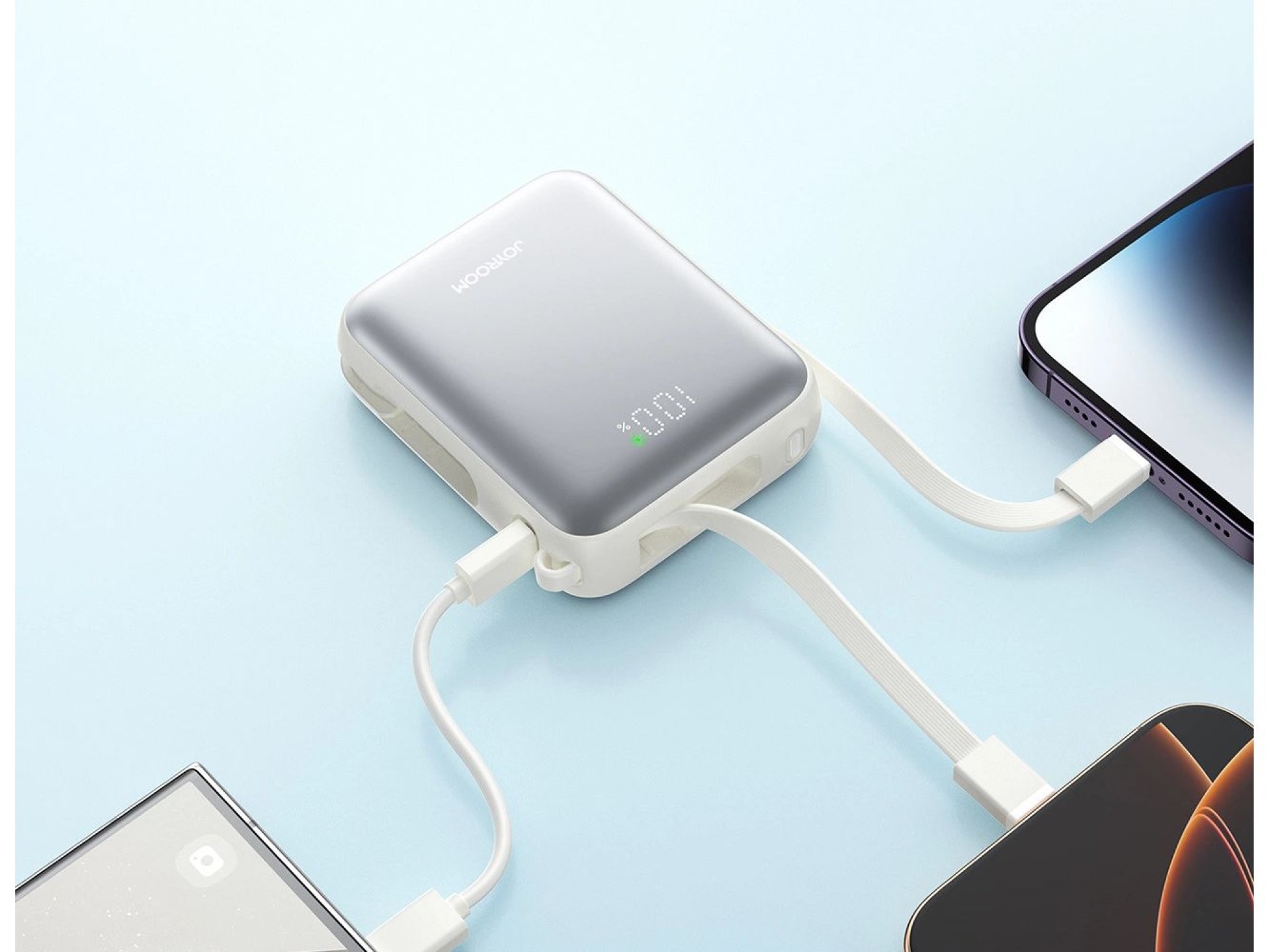 Joyroom JR-PBF27 Powerbank de 10000mAh e 22,5W com cabos USB-C e Lightning integrados - Branco