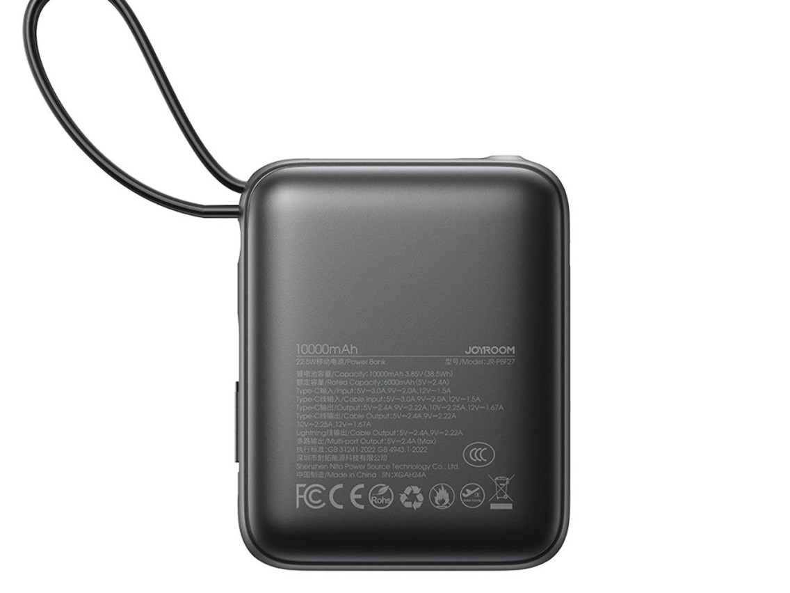 Joyroom JR-PBF27 Powerbank de 10000mAh e 22,5W com cabos USB-C e Lightning integrados - Preto