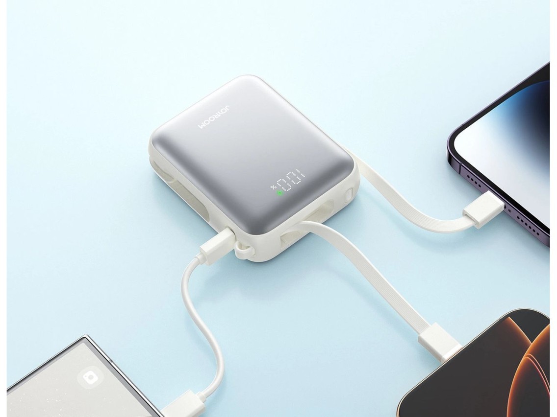 Joyroom JR-PBF27 Powerbank de 10000mAh e 22,5W com cabos USB-C e Lightning integrados - Branco