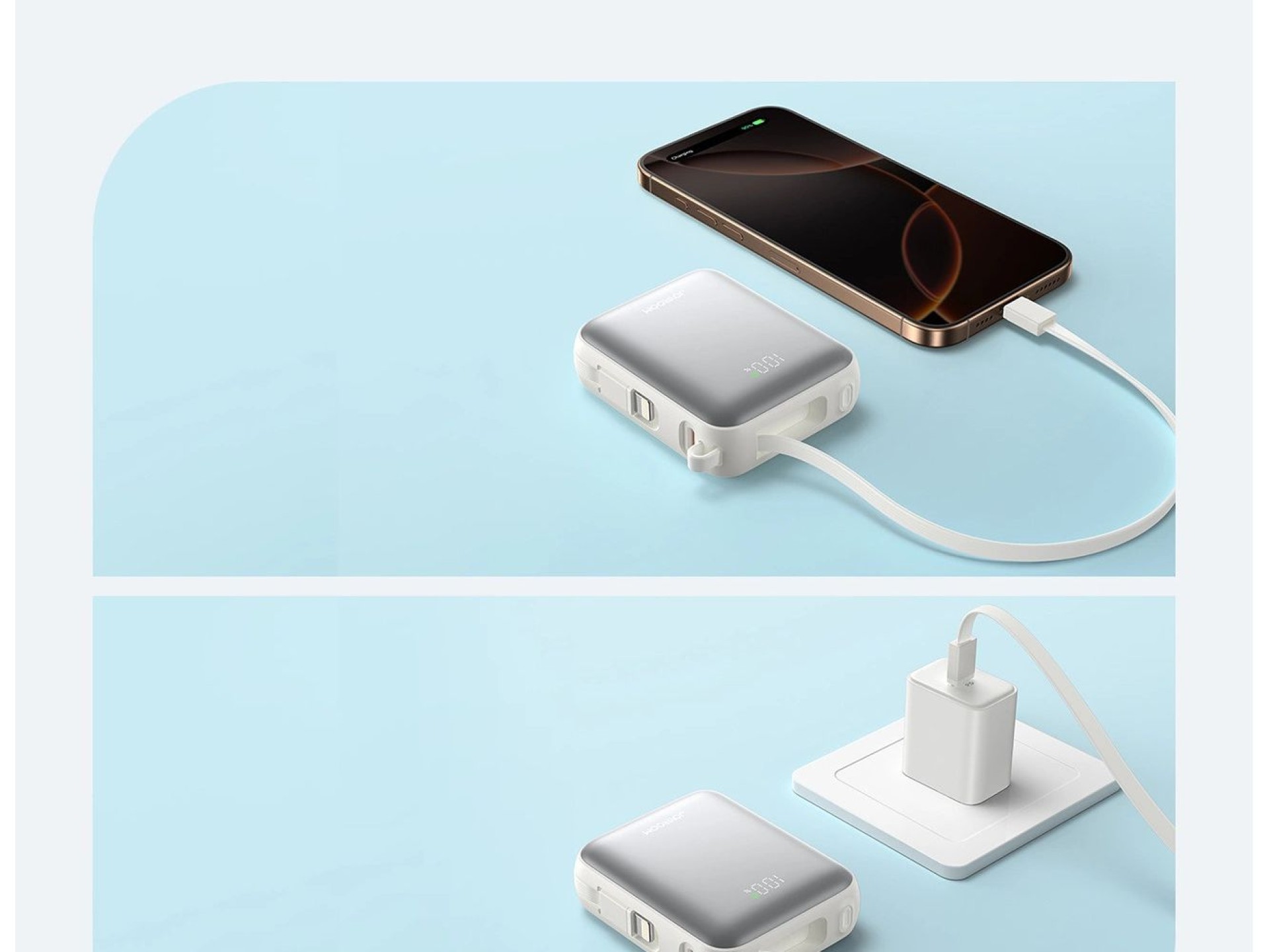 Joyroom JR-PBF27 Powerbank de 10000mAh e 22,5W com cabos USB-C e Lightning integrados - Branco