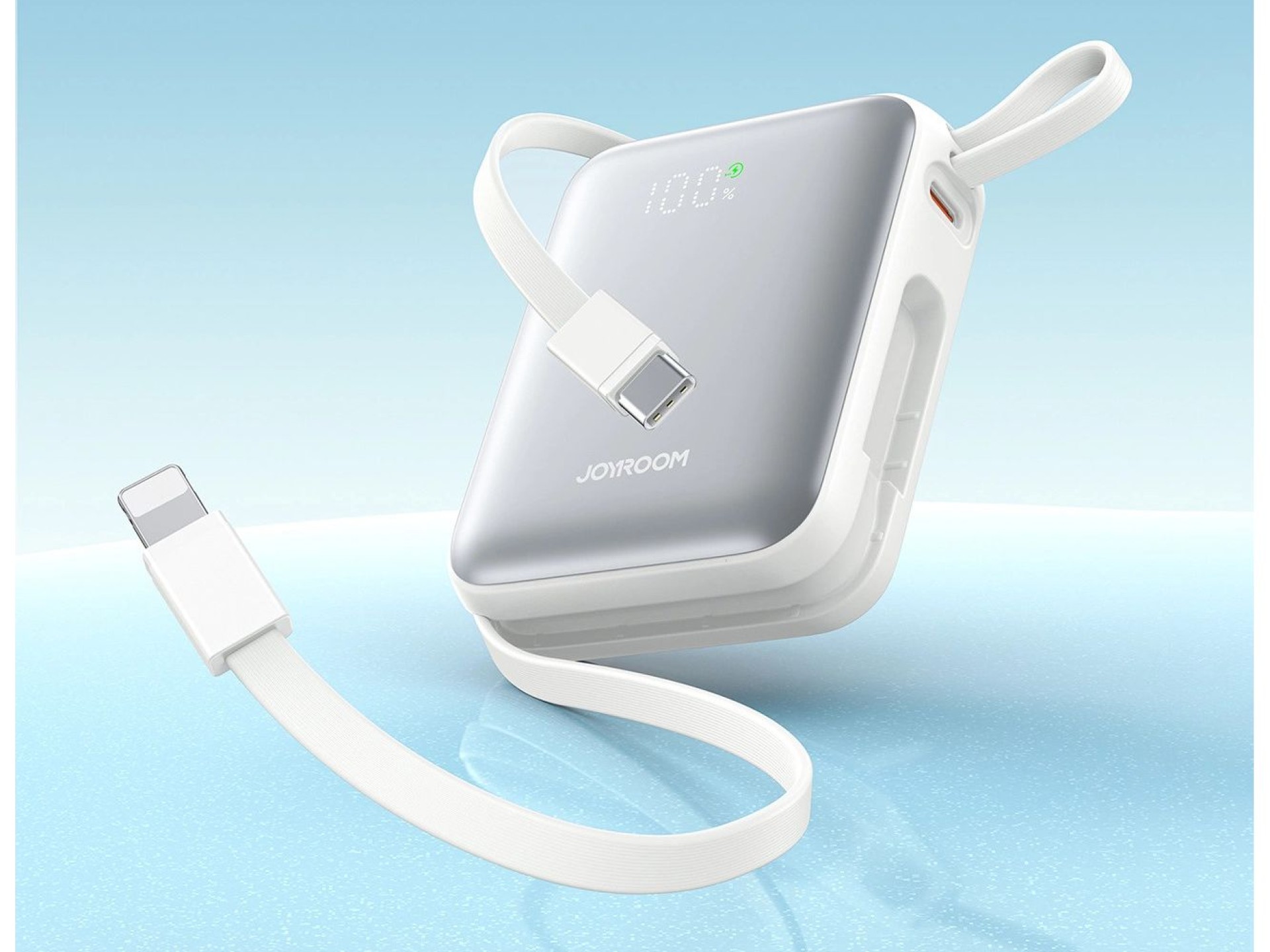 Joyroom JR-PBF27 Powerbank de 10000mAh e 22,5W com cabos USB-C e Lightning integrados - Branco