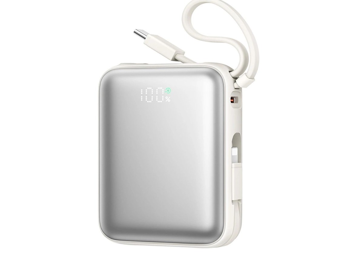 Joyroom JR-PBF27 Powerbank de 10000mAh e 22,5W com cabos USB-C e Lightning integrados - Branco