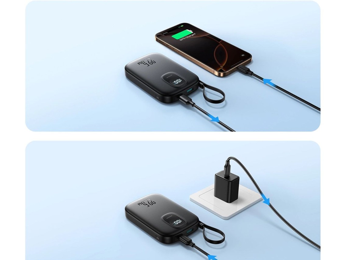 Batería externa Joyroom JR-PBF18 de 22,5 W y 10000 mAh con cable Lightning integrado + cable USB-C d