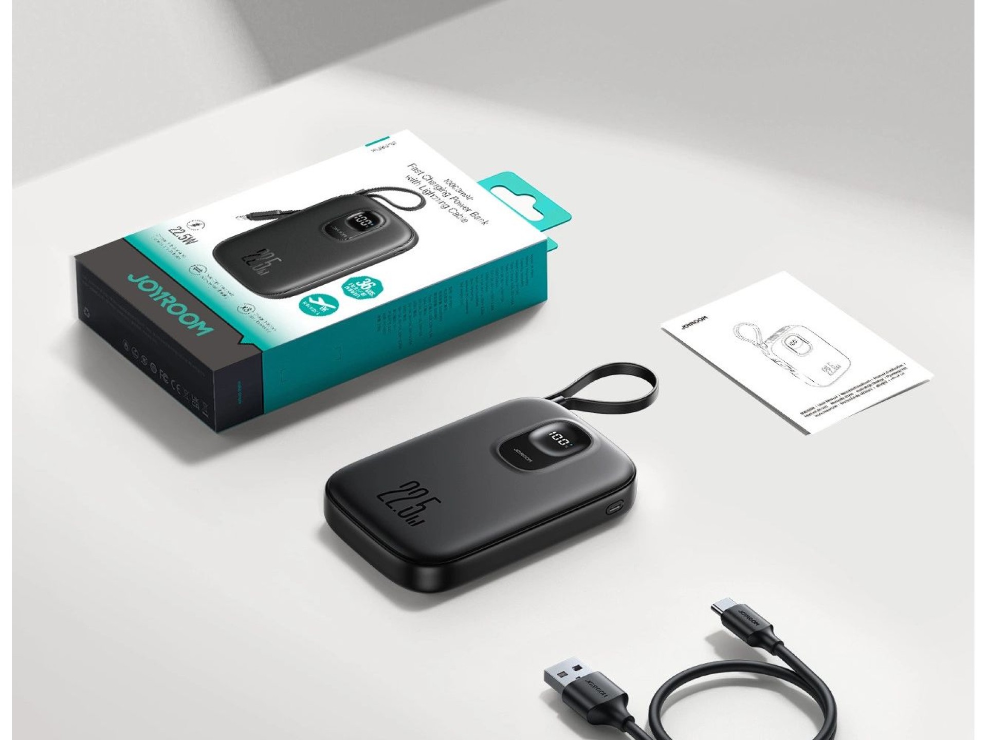 Batería externa Joyroom JR-PBF18 de 22,5 W y 10000 mAh con cable Lightning integrado + cable USB-C d