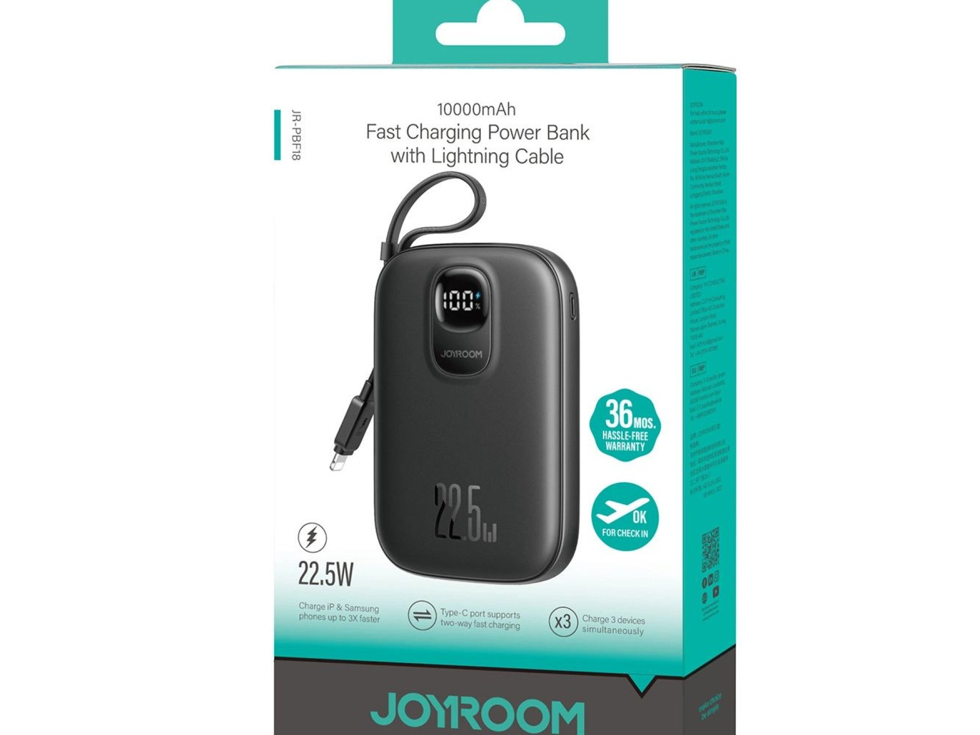 Batería externa Joyroom JR-PBF18 de 22,5 W y 10000 mAh con cable Lightning integrado + cable USB-C d