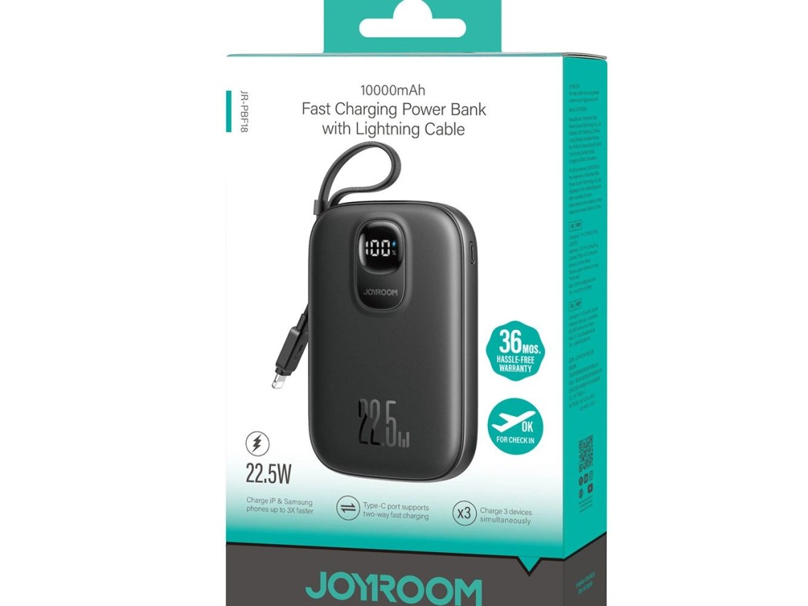 Batería externa Joyroom JR-PBF18 de 22,5 W y 10000 mAh con cable Lightning integrado + cable USB-C d