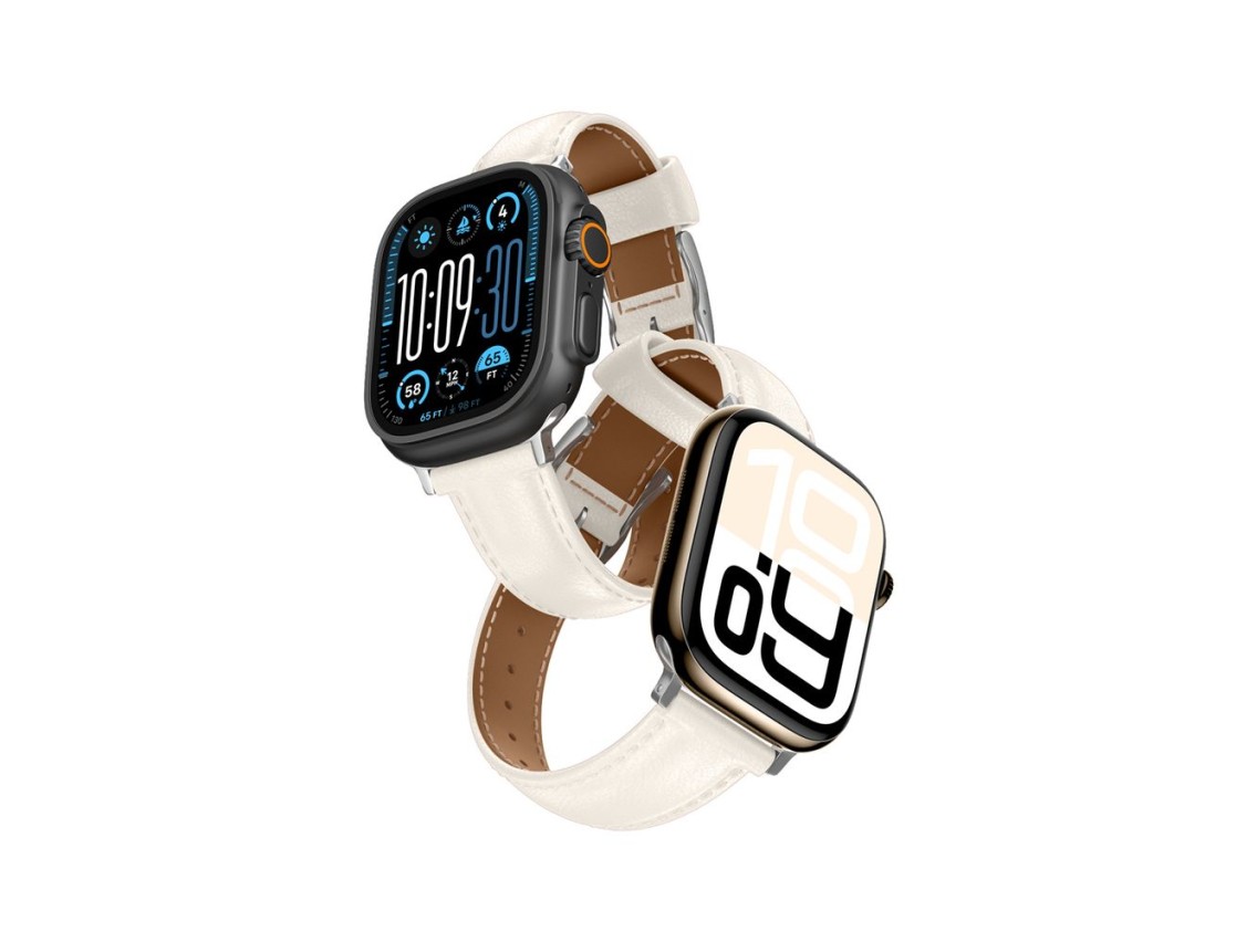 Pulseira de couro AmazingThing Class Band para Apple Watch 45/46/49 mm - Bege Claro
