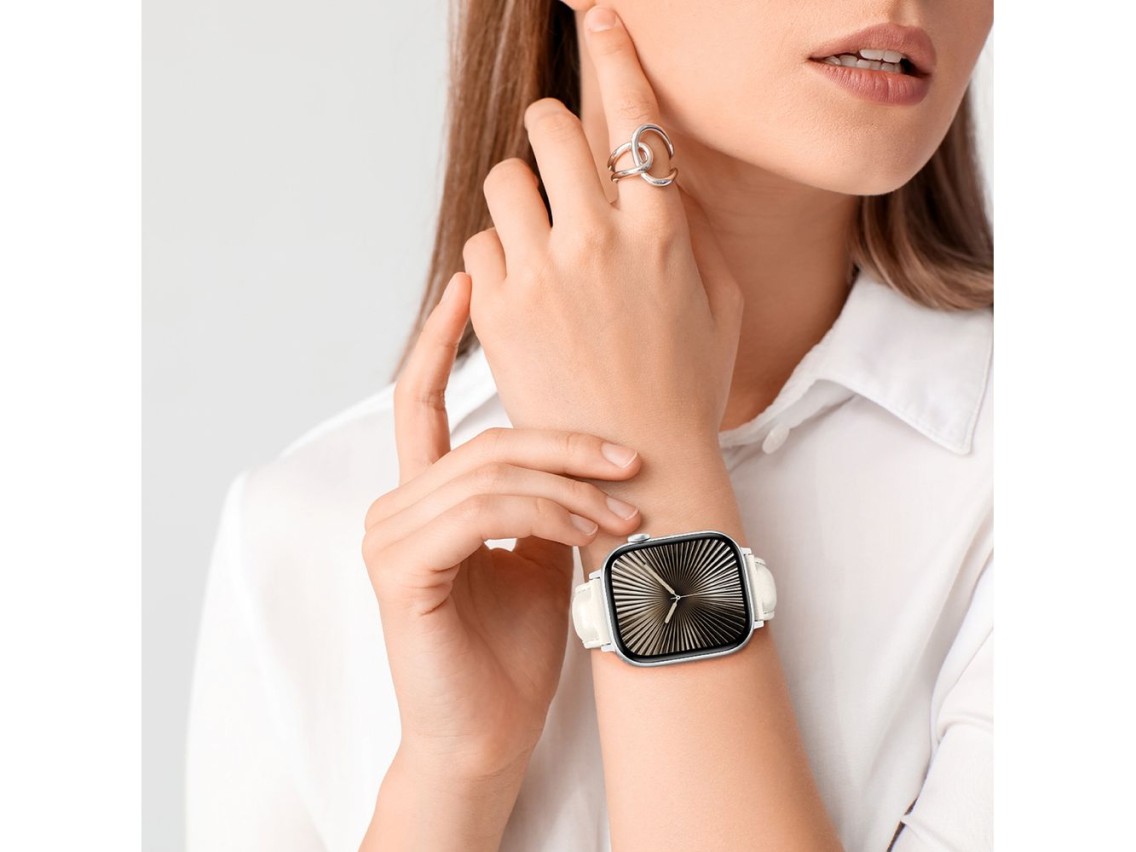 Pulseira de couro AmazingThing Class Band para Apple Watch 45/46/49 mm - Bege Claro