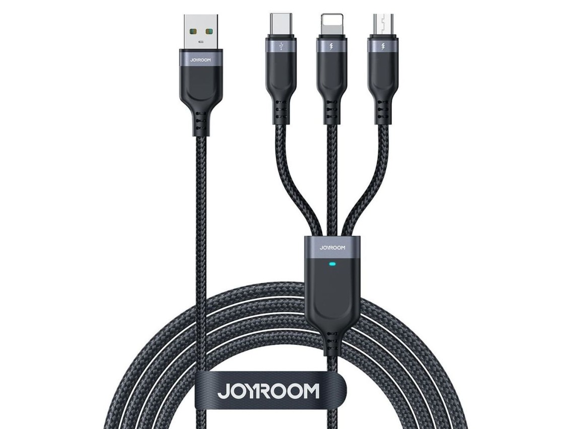 Cabo Joyroom S-A18 3 em 1 3.5A USB-A - Lightning + USB-C + MicroUSB 1,2 m - preto