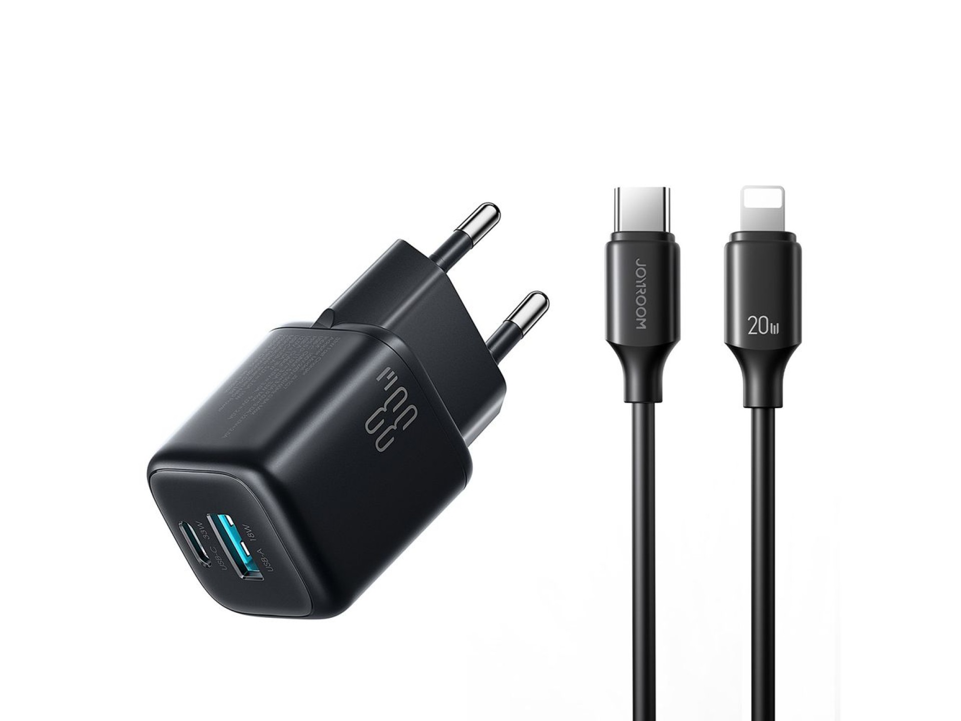 Carregador de parede Joyroom JR-TG7 33W USB-A + USB-C com cabo USB-C - Lightning de 30W e 1m - preto