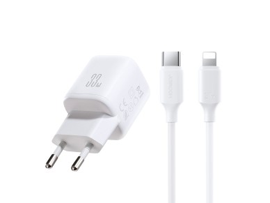 Joyroom JR-TG7 33W USB-A + USB-C wall charger with 30W USB-C - Lightning 1m cable - white Joyroom JR-TG7 33W USB-A + USB-C wall charger with 30W USB-C - Lightning 1m cable - white