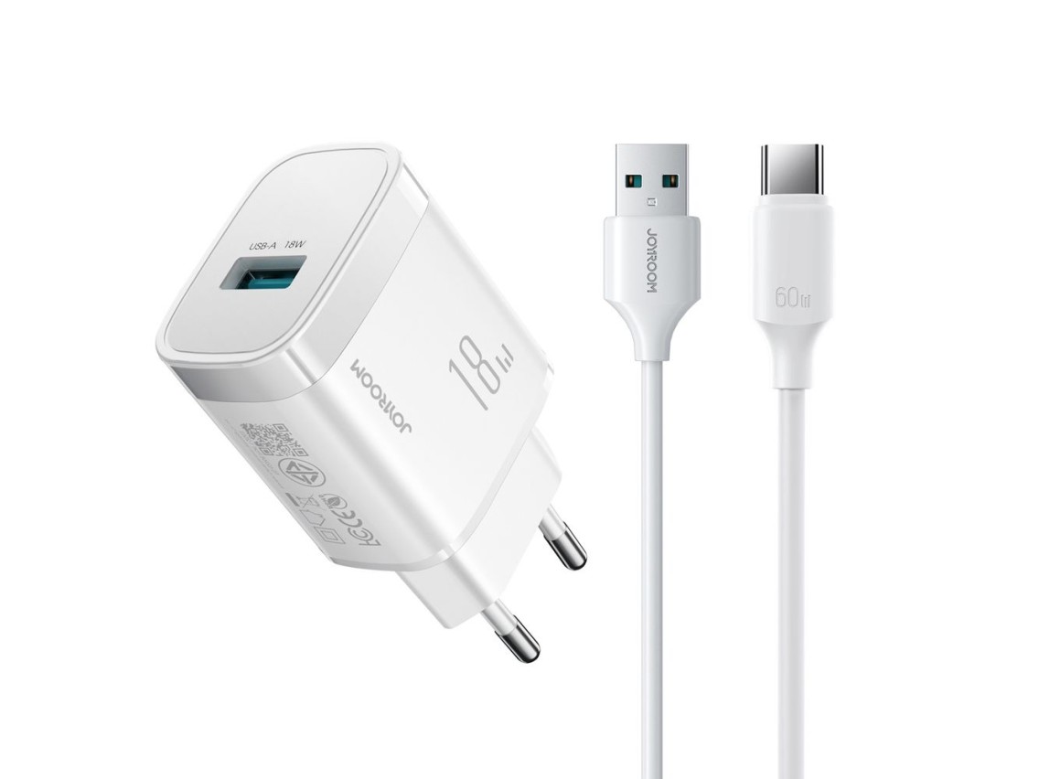 Joyroom JR-TF4 18W wall charger with 3A USB-A - USB-C 1m cable - white