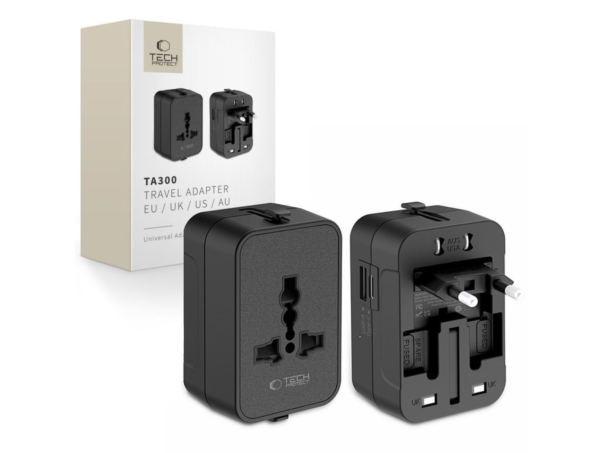 Adaptador de viaje Tech-Protect TA300 UE / Reino Unido / Australia - Negro
