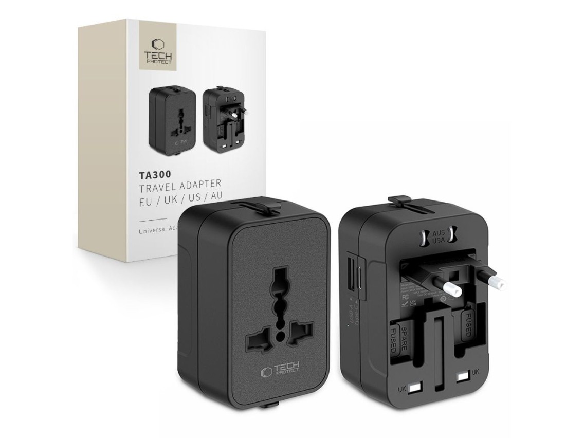 Adaptador de viaje Tech-Protect TA300 UE / Reino Unido / Australia - Negro