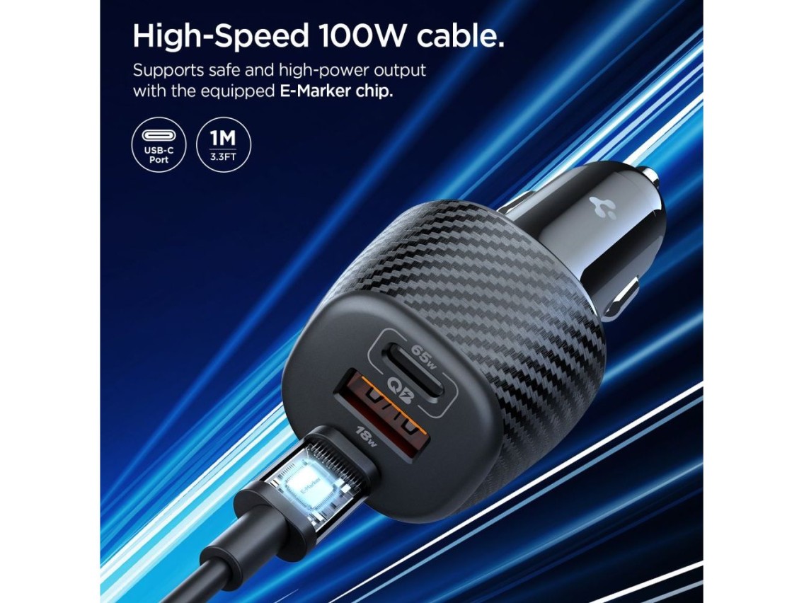 Carregador veicular Spigen Essential EV1133 de 3 portas - preto
