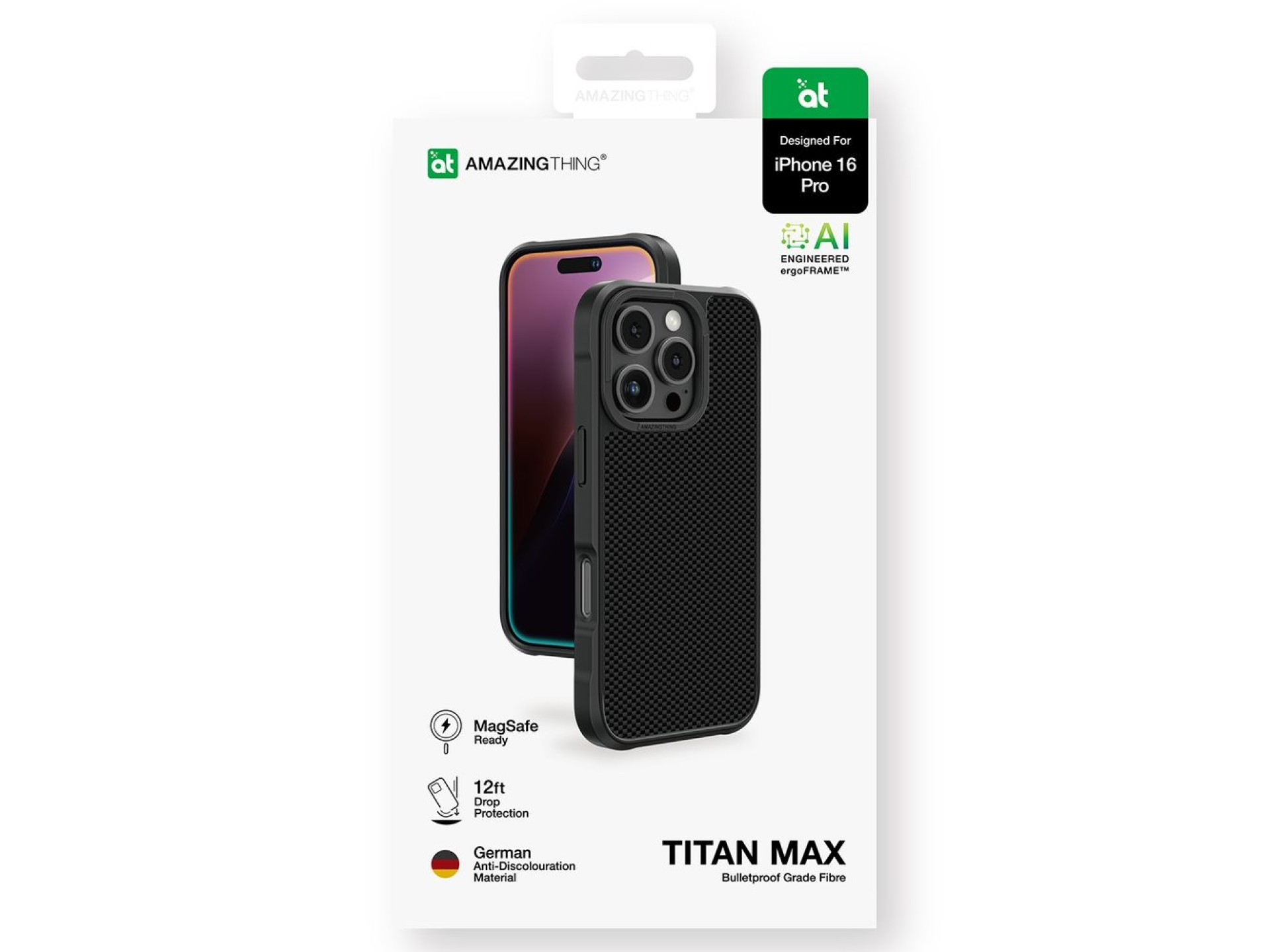 Funda AmazingThing Titan Max con fibras de aramida 600D para iPhone 16 Pro - Negra