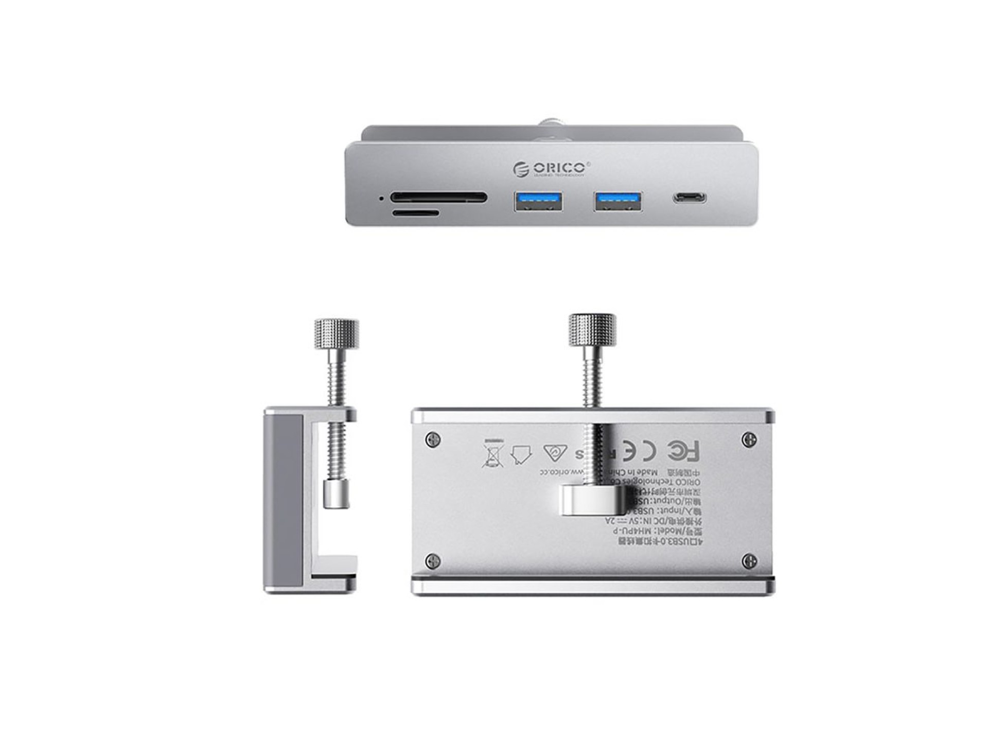 Hub Orico MH5PC con abrazadera, USB-C / 2 puertos USB-A 3.2 + 1 puerto USB-C 3.2 + 1 ranura para SD