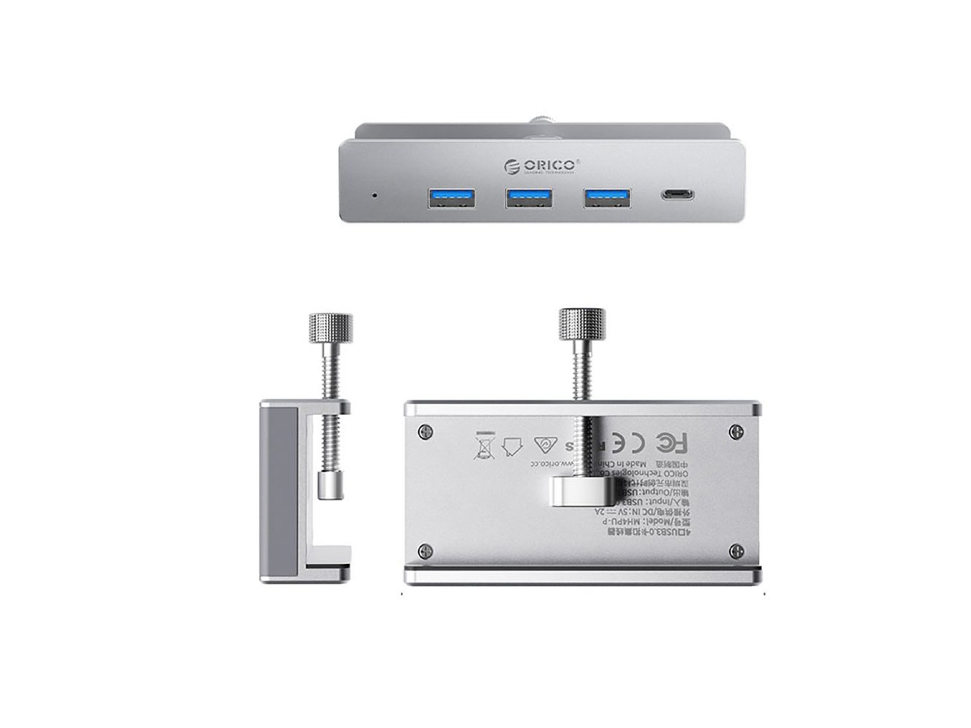 Orico MH4PC Hub Clamp-Mounted USB-C / 3x USB-A 3.0 + 1x USB-C 3.0 - Silver