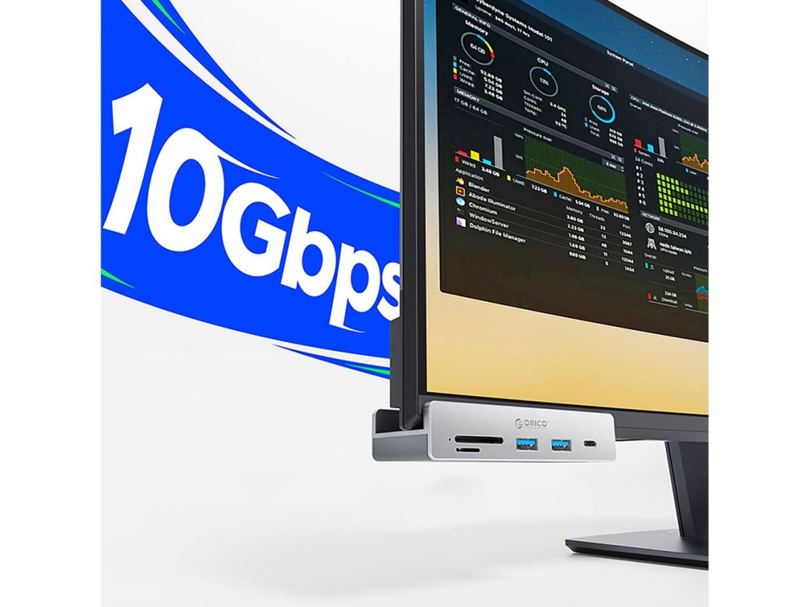 Hub Orico MH5PC con abrazadera, USB-C / 2 puertos USB-A 3.2 + 1 puerto USB-C 3.2 + 1 ranura para SD