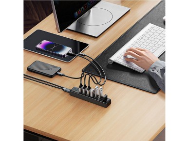Hub Orico PW7U-U3 com 7 portas USB-A 3.0 + USB-C 5V/3A e cabo de 1m - preto