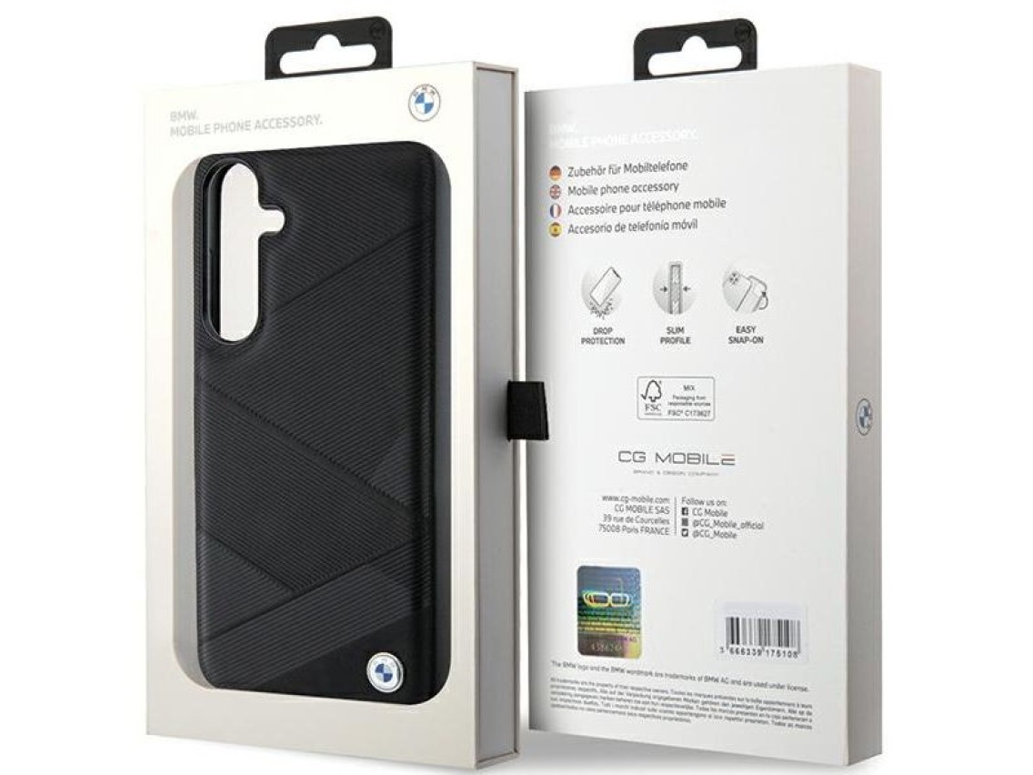 BMW BMHCS24S23RCGPK S24 S921 estojo rígido preto/preto em couro Signature com padrão de linhas cruza