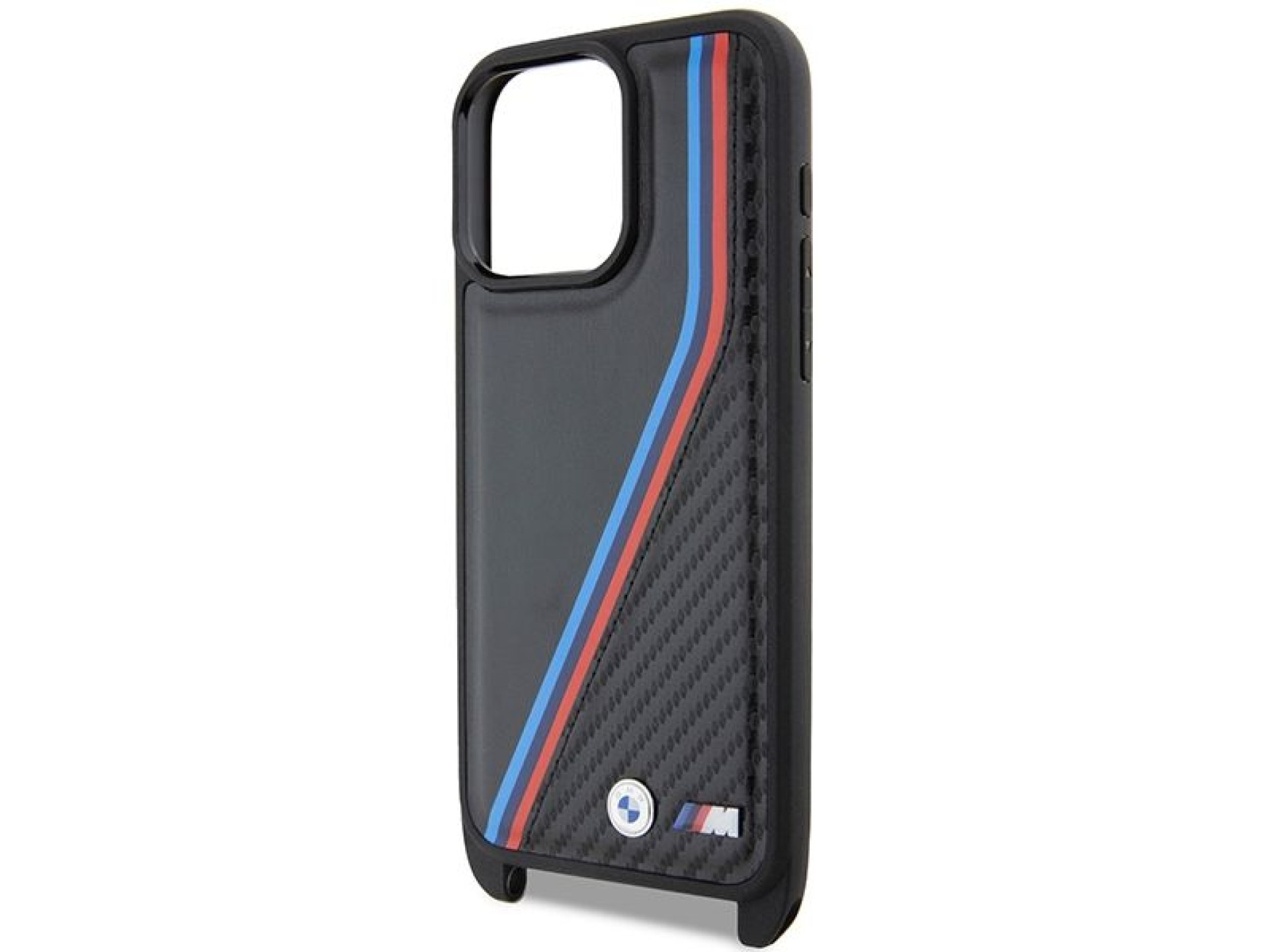 Funda BMW M Edition Carbon Tricolor Lines & Strap para iPhone 15 Pro - negra