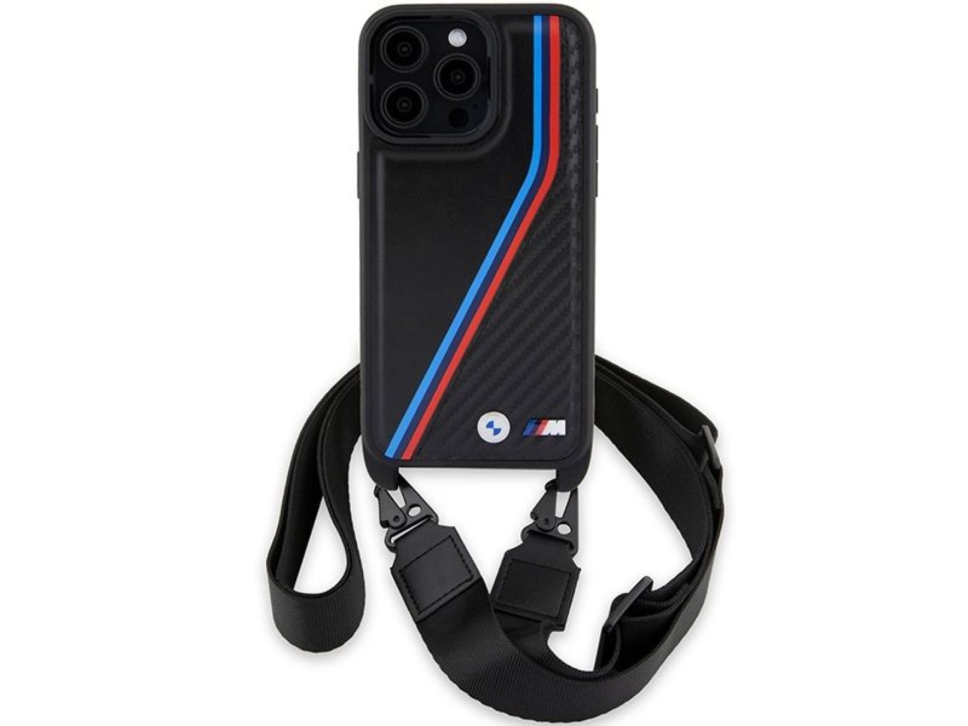 Funda BMW M Edition Carbon Tricolor Lines & Strap para iPhone 15 Pro - negra