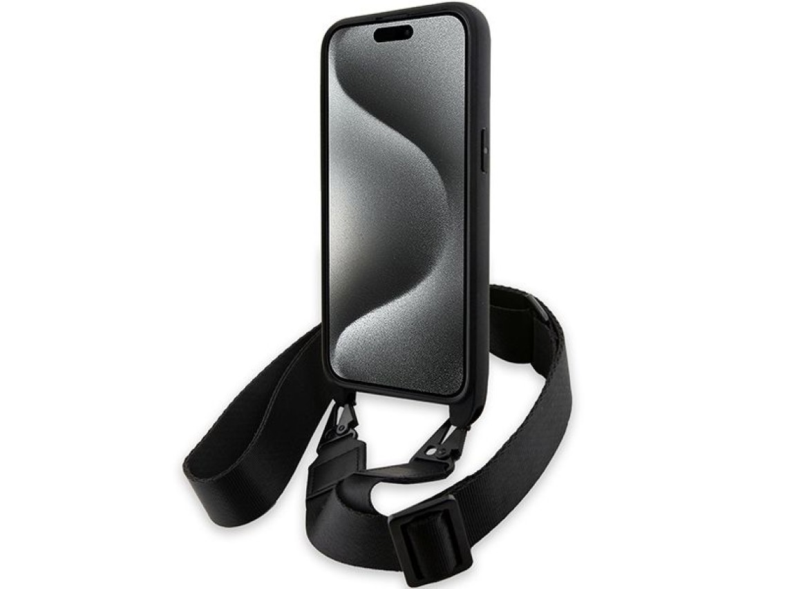 Funda BMW M Edition Carbon Tricolor Lines & Strap para iPhone 15 Pro - negra