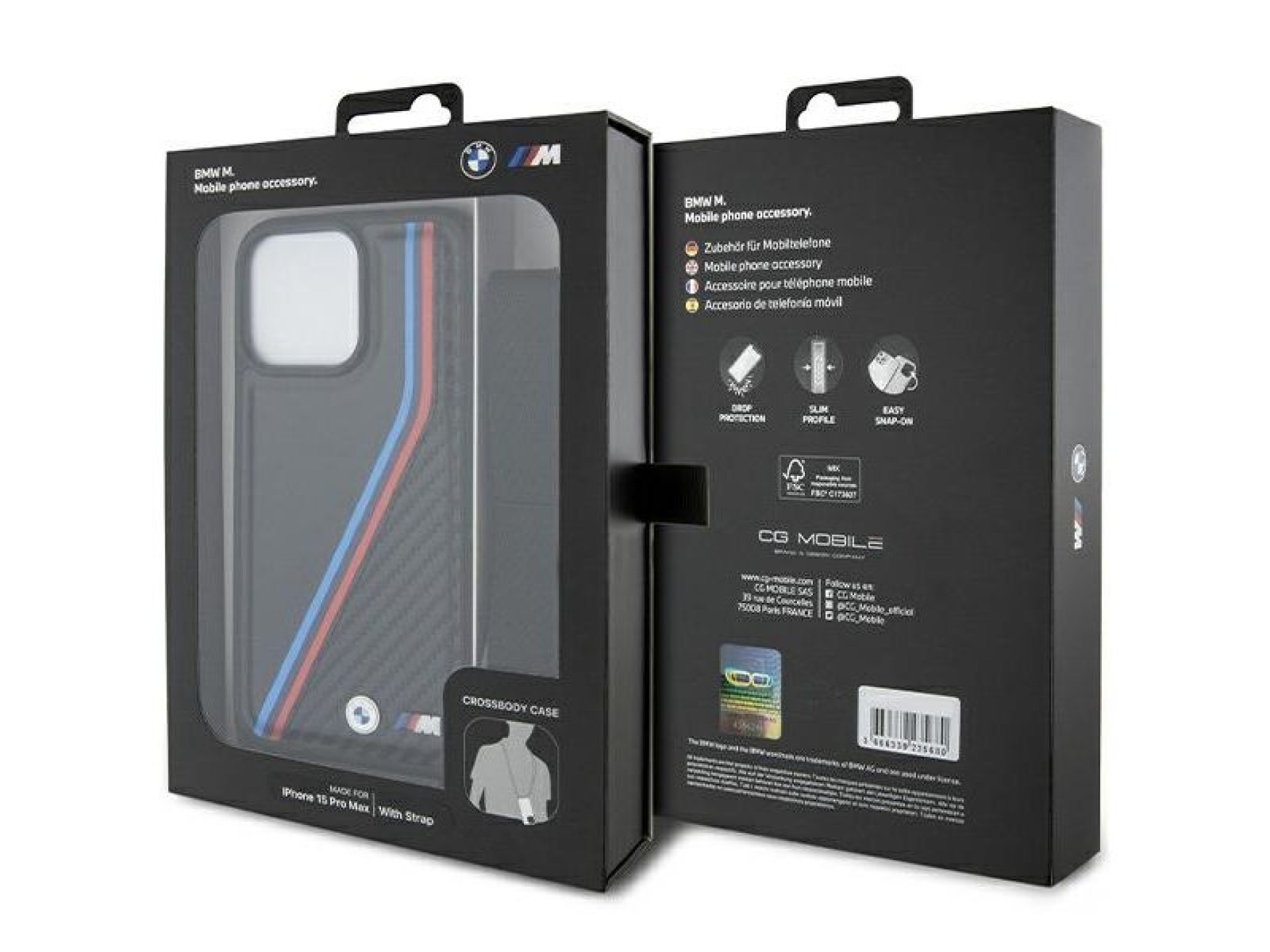BMW M Edition Carbon Tricolor Lines & Strap case for iPhone 15 Pro Max - black