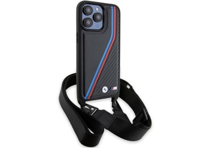 Funda BMW M Edition Carbon Tricolor Lines & Strap para iPhone 15 Pro Max - negra Funda BMW M Edition Carbon Tricolor Lines & Strap para iPhone 15 Pro Max - negra