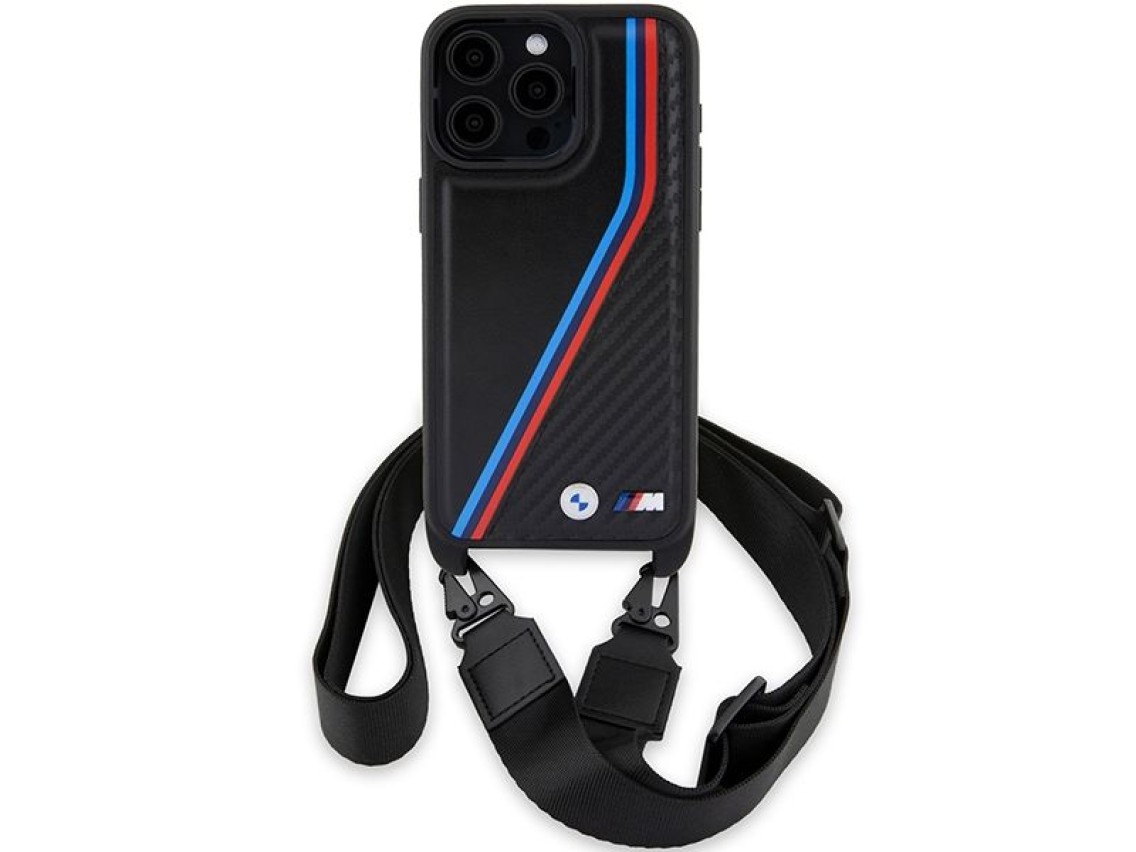 BMW M Edition Carbon Tricolor Lines & Strap case for iPhone 15 Pro Max - black