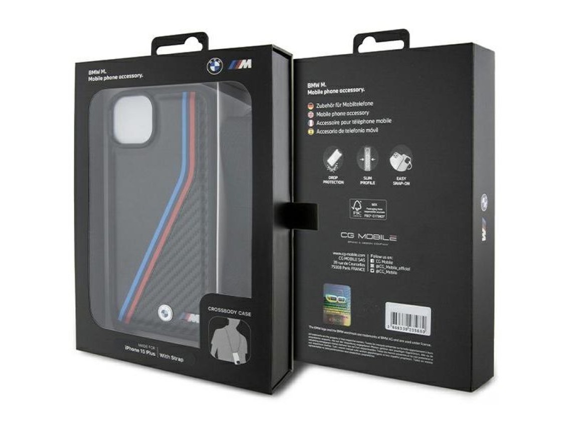 BMW M Edition Carbon Tricolor Lines & Strap case for iPhone 15 / 14 / 13 - black