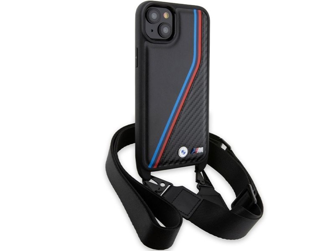 Funda BMW M Edition Carbon Tricolor Lines & Strap para iPhone 15 Plus / 14 Plus - negra