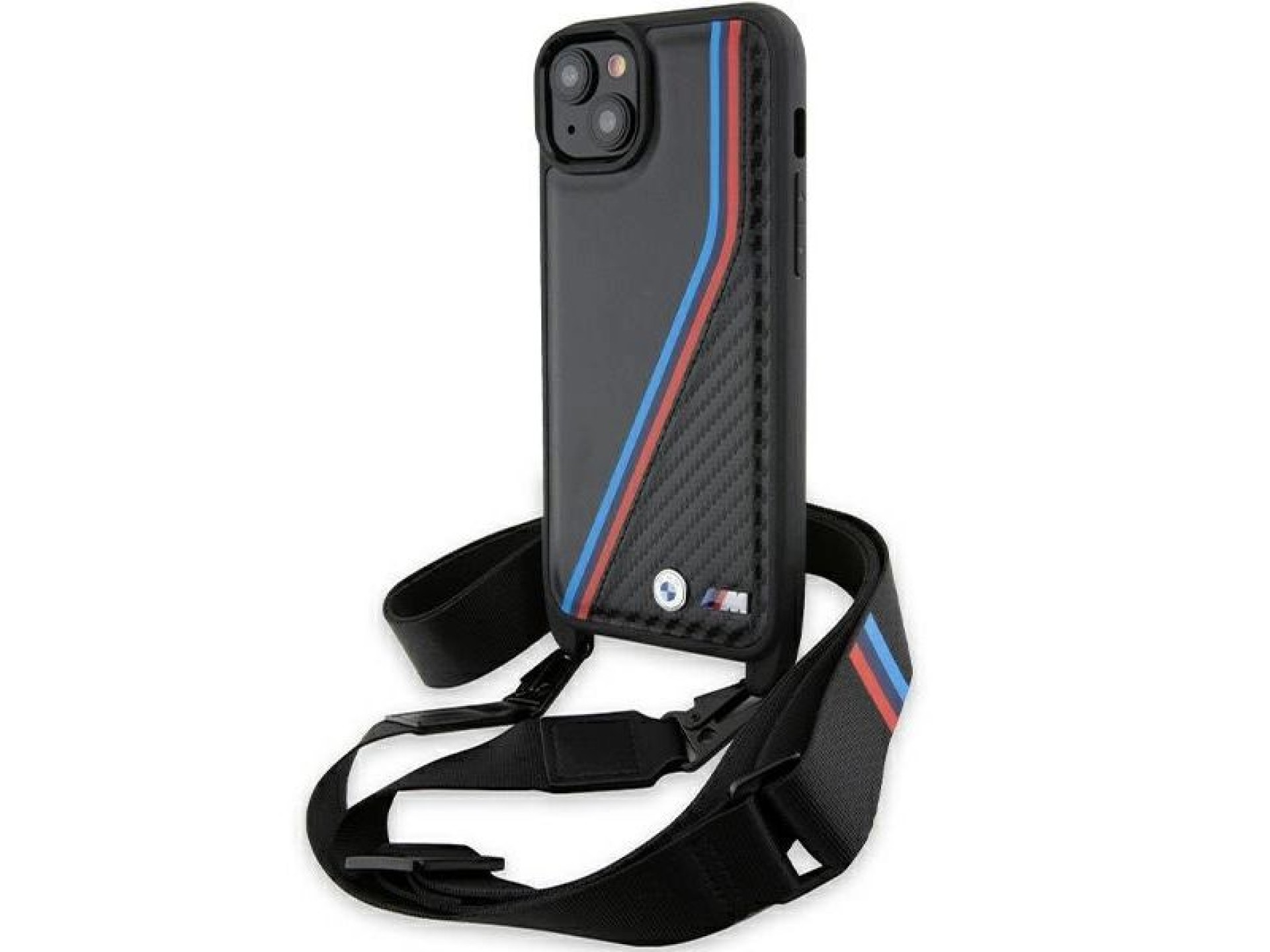Funda BMW M Edition Carbon Tricolor Lines & Strap para iPhone 15 Plus / 14 Plus - negra