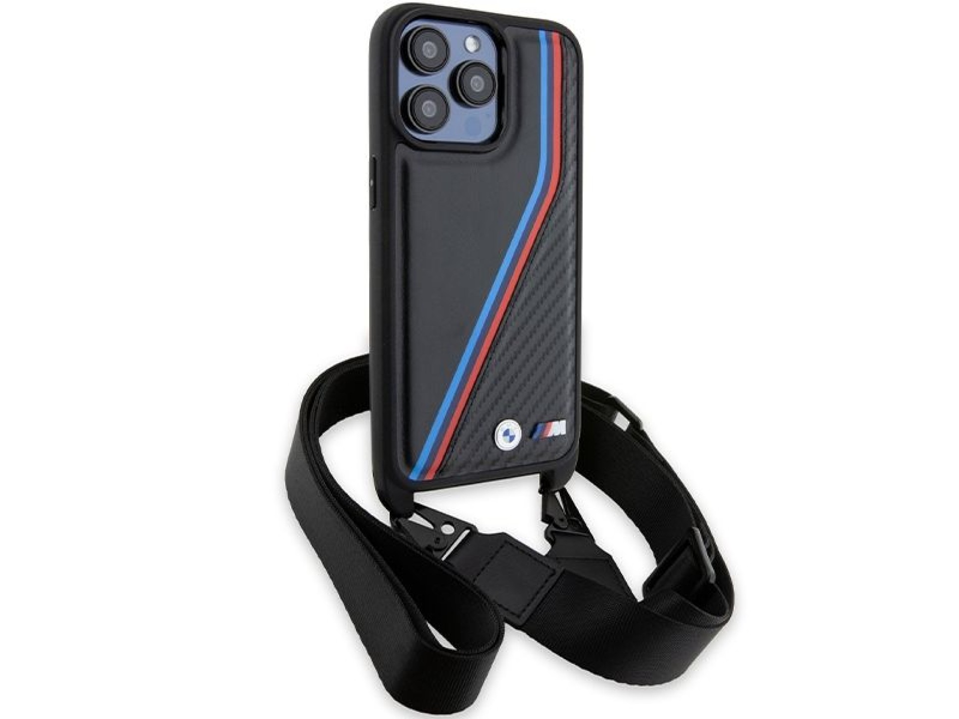 BMW M Edition Carbon Tricolor Lines & Strap case for iPhone 15 Pro Max - black