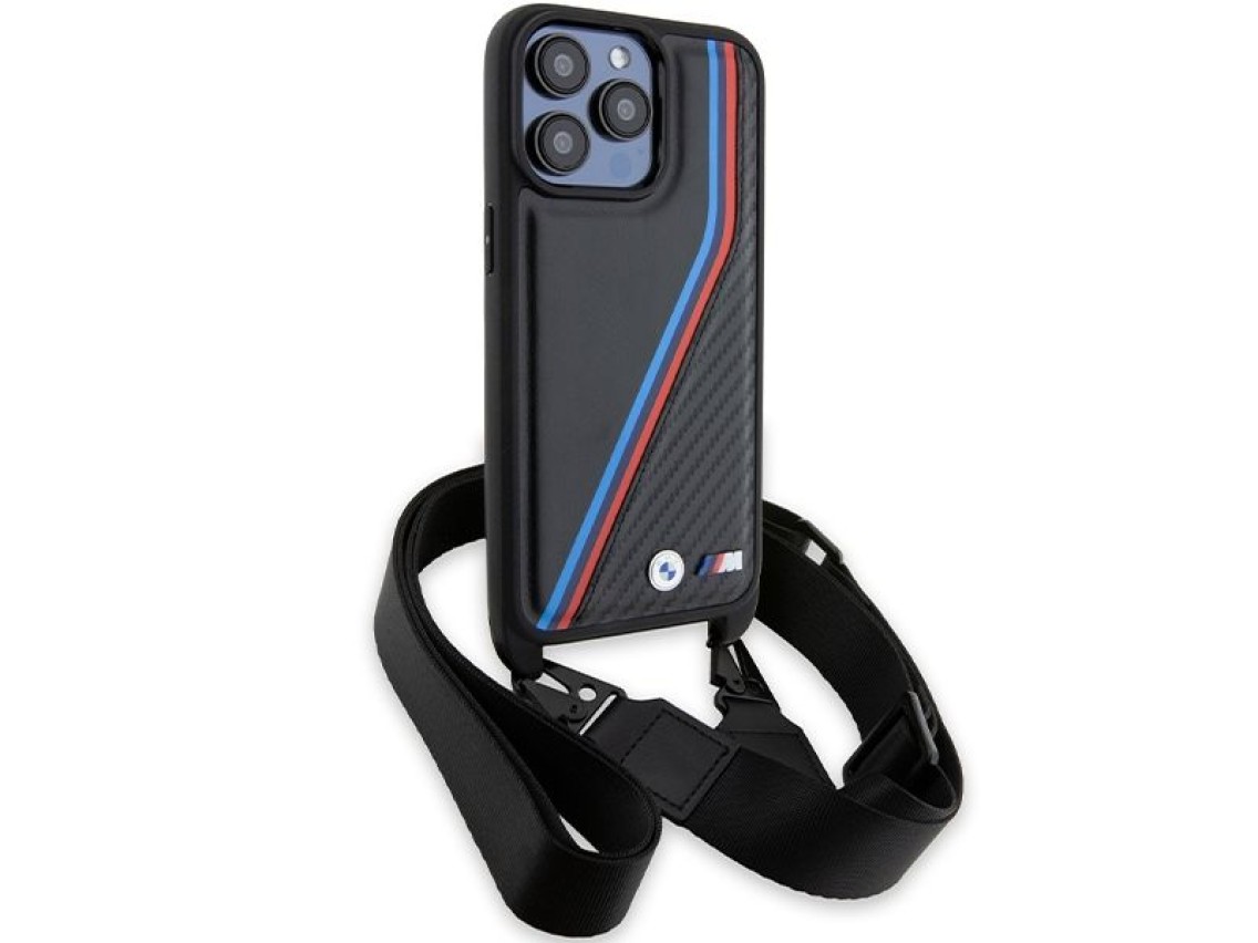 BMW M Edition Carbon Tricolor Lines & Strap case for iPhone 15 Pro Max - black