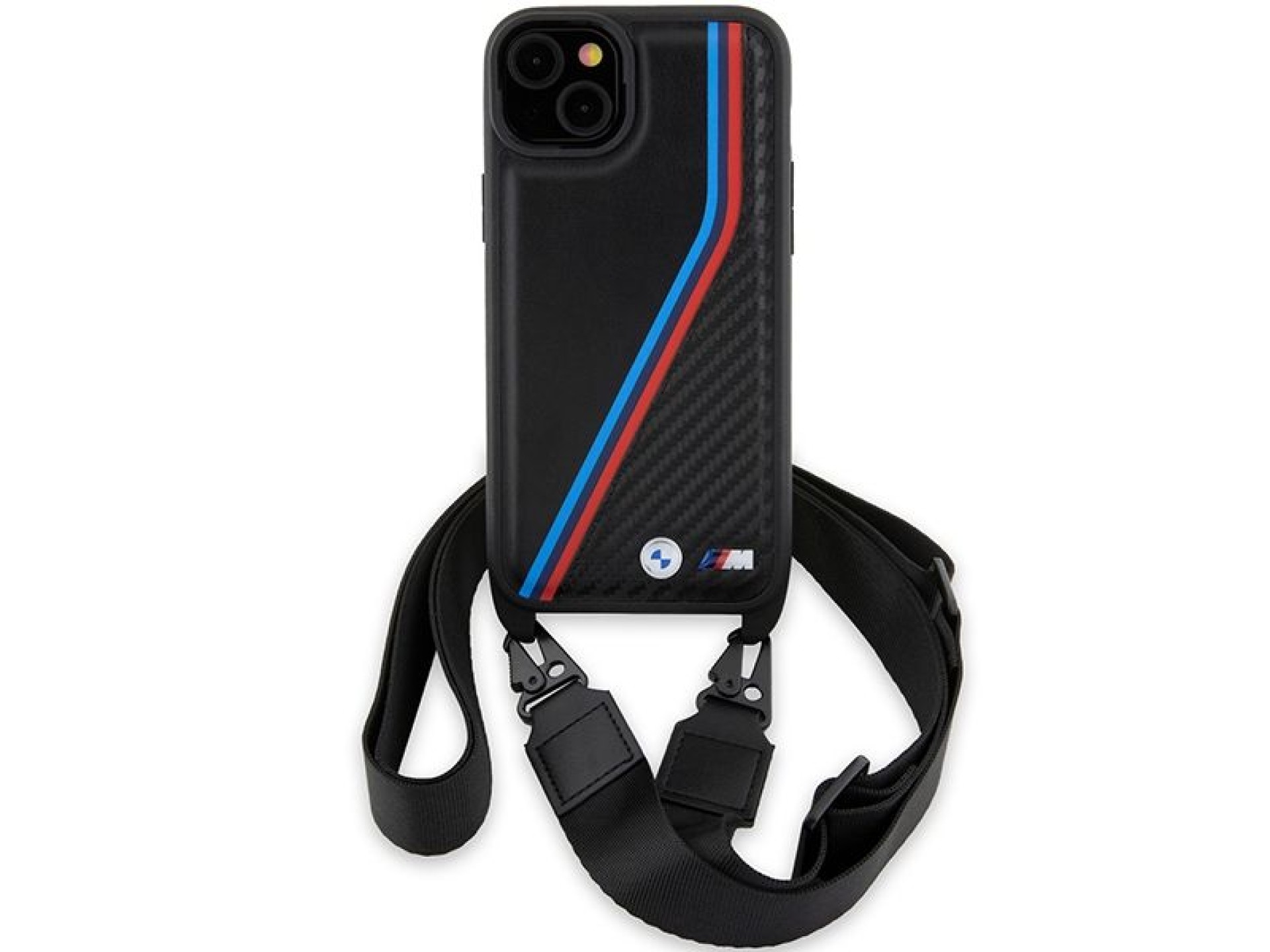 BMW M Edition Carbon Tricolor Lines & Strap case for iPhone 15 / 14 / 13 - black