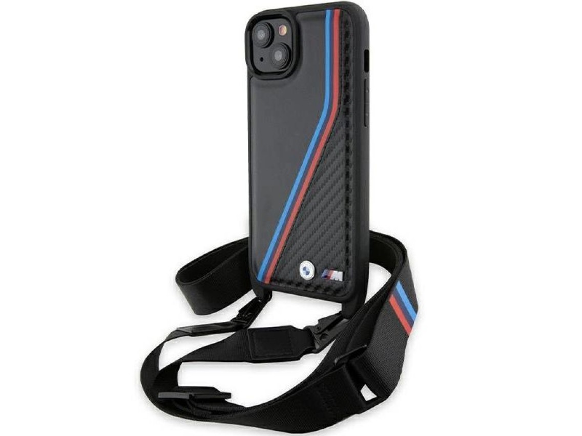 Funda BMW M Edition Carbon Tricolor Lines & Strap para iPhone 15 Plus / 14 Plus - negra