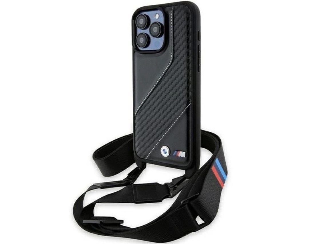 Funda BMW M Edition Carbon Stripe & Strap para iPhone 15 Pro Max - negra