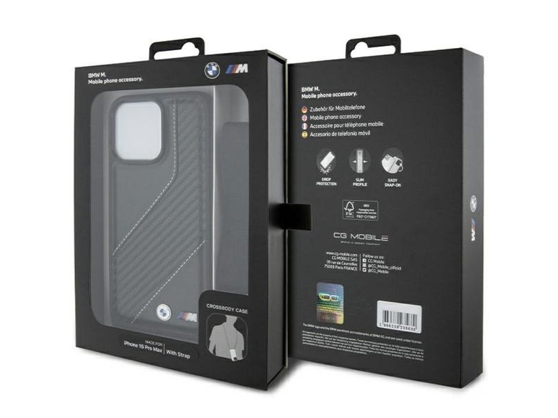 Funda BMW M Edition Carbon Stripe & Strap para iPhone 15 Pro Max - negra