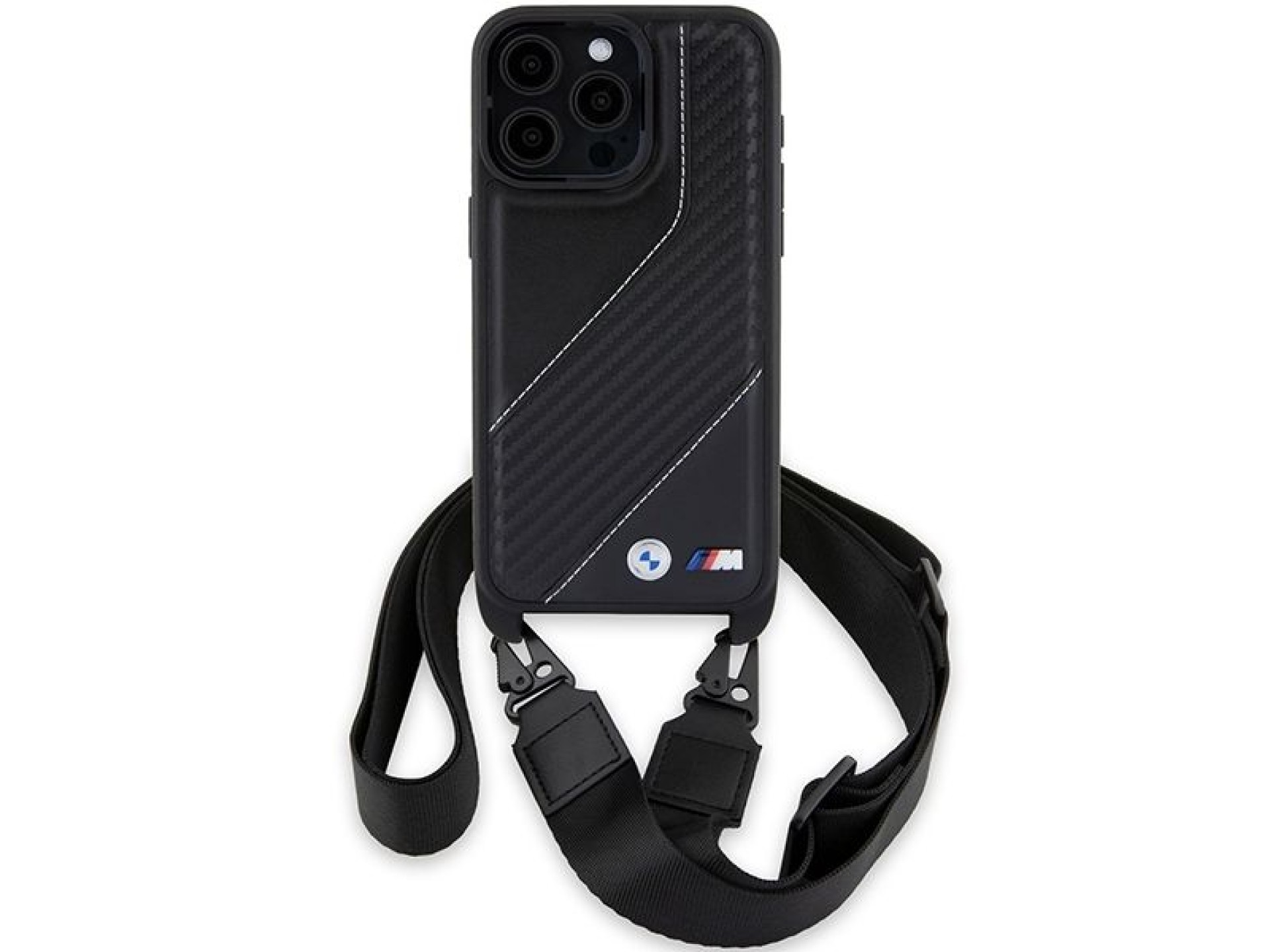 Funda BMW M Edition Carbon Stripe & Strap para iPhone 15 Pro Max - negra