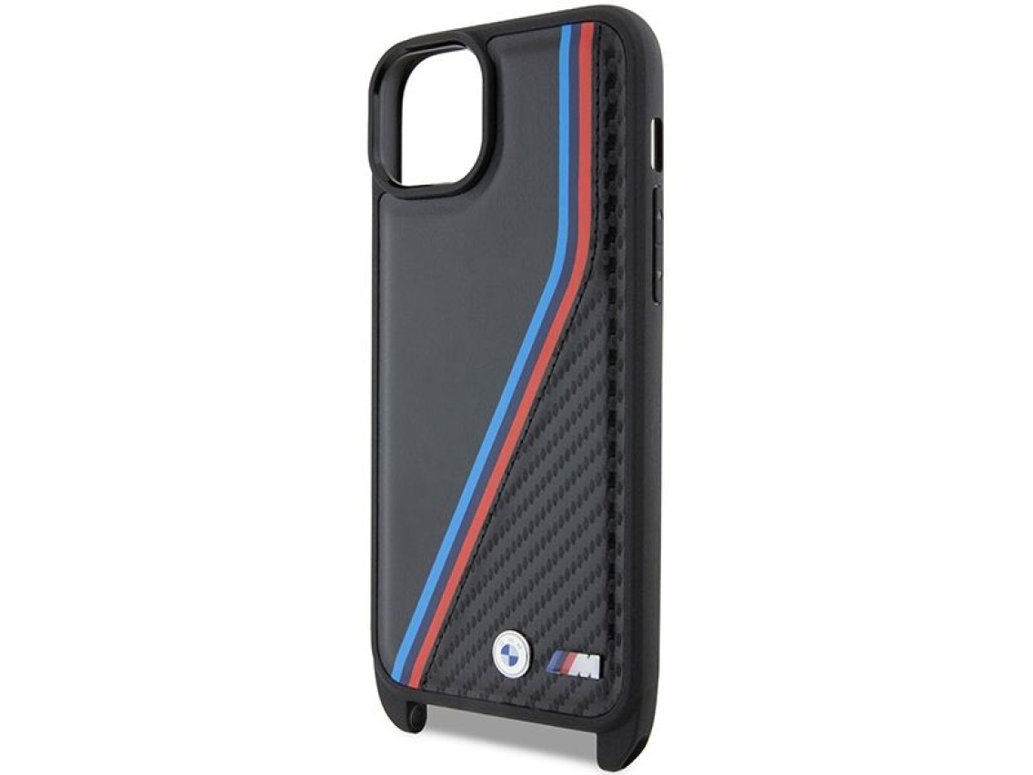 BMW M Edition Carbon Tricolor Lines & Strap case for iPhone 15 / 14 / 13 - black