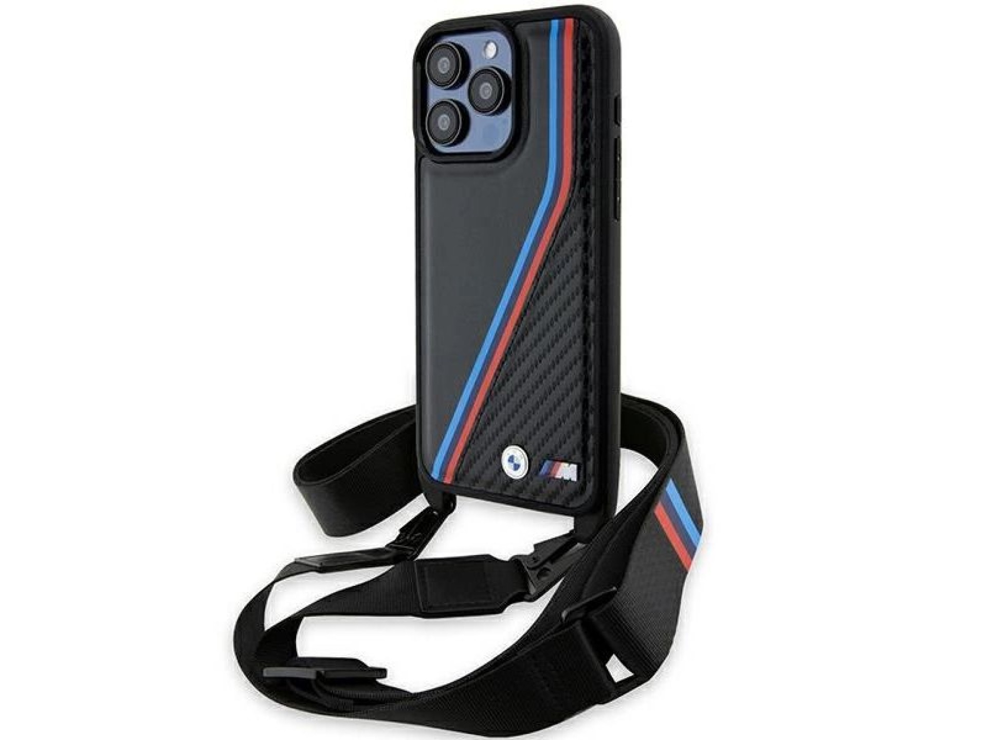 BMW M Edition Carbon Tricolor Lines & Strap case for iPhone 15 Pro Max - black