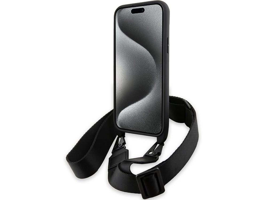 Funda BMW M Edition Carbon Tricolor Lines & Strap para iPhone 15 Plus / 14 Plus - negra