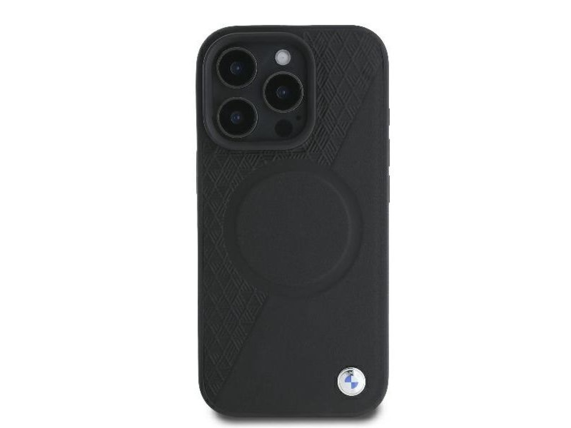 Funda BMW Signature de cuero con textura parcial y diseño circular MagSafe para iPhone 16 Pro - negr